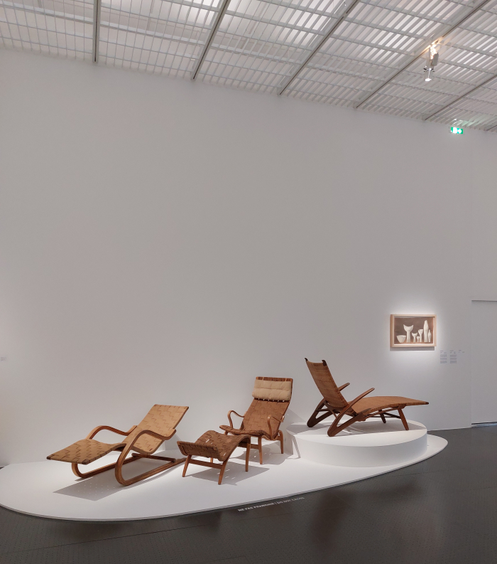 Chaise longues by Bruno Mathsson, Hans J Wegner and "Alvar Aalto", as seen at Mimesis. A living design, Centre Pompidou-Metz