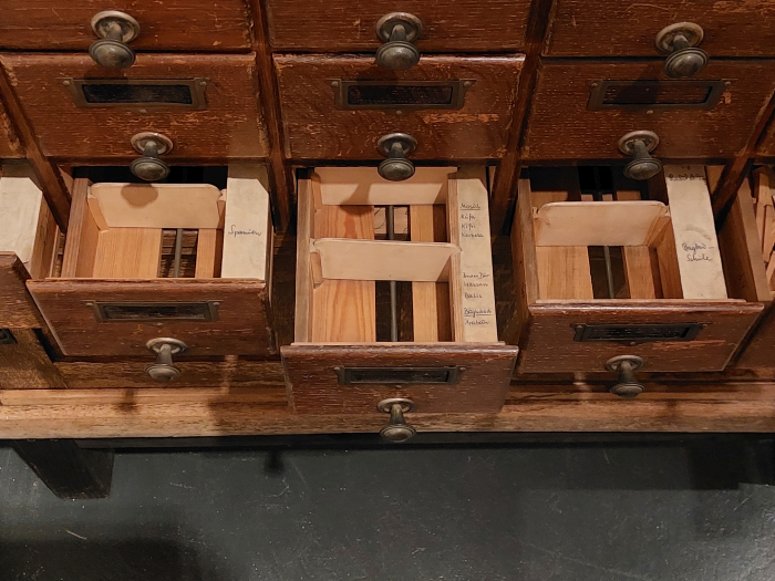 Empty, obsolete, slide storage drawers, as seen at Organizing Things, Werkbundarchiv - Museum der Dinge, Berlin