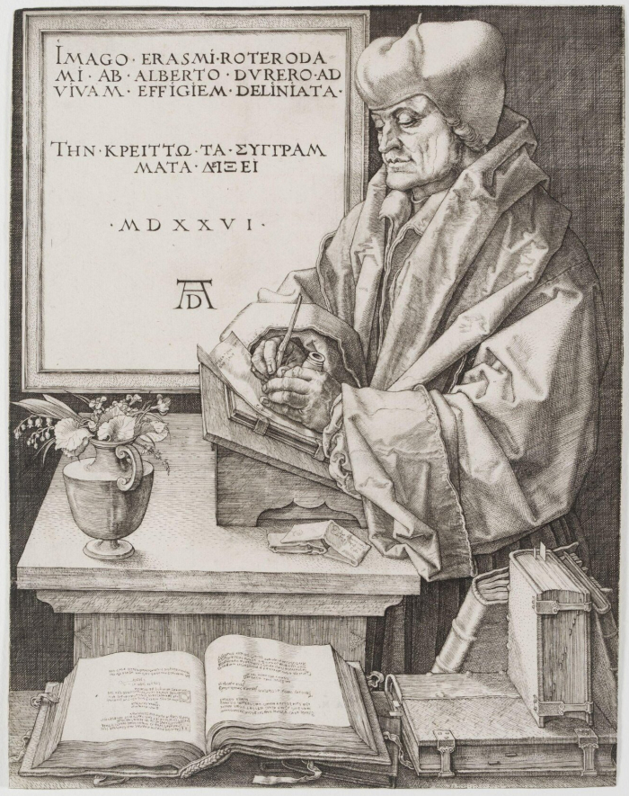 Desiderius Erasmus in a portrait by Albrecht Dürer, 1526. And standing at a raised desk. (Image Public Domain)