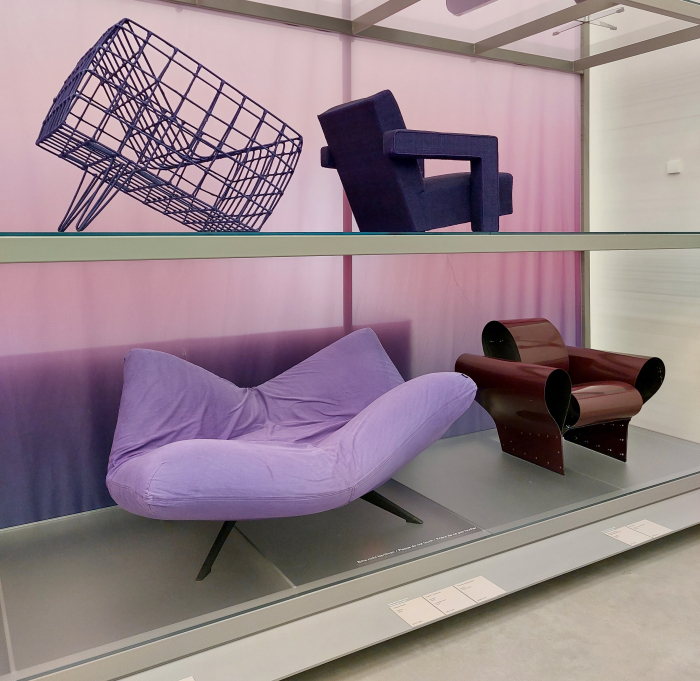 Sansa by Cheick Diallo, an unnamed lounge chair by Gertit T. Rietveld, Bad Tempered Chair by Ron Arad and Ribalta by Fabrizio Ballardini & Flavio Forbicini (clockwise from top left), as seen at Colour Rush! An Installation by Sabine Marcelis, Vitra Design Museum Schaudepot, Weil am Rhein
