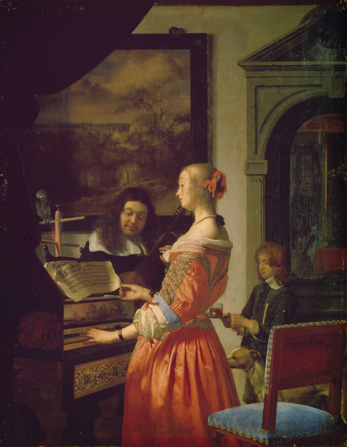 Woman at a Harpsichord by Frans van Mieris, 1685. The chair appears to be a standing height chair, but is it......? Can it be in 1685? (image Public Domain, original in <a href="https://www.landesmuseum-mv.de/en/exhibits/staatliches-museum-schwerin/Frans-van-Mieris-d.-Ae.-lady-with-harpsichord/" target="_blank" rel="noopener">Staatliches Museum Schwerin</a>)