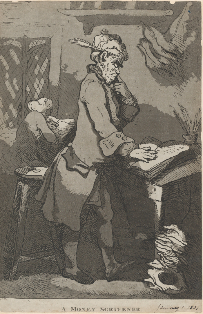 A Money Scrivener by Thomas Rowlandson,1789 (here in a reprint from 1801) The stool is clearly too high for the desk, but was it, or is it caricature?
