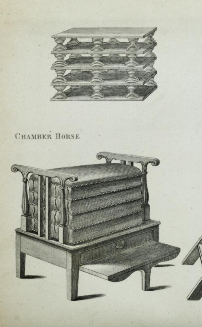 A Chamber Horse, a, if one so will, early home exercise device, as illustrated by Thomas Sheraton in the 1793 edition of his Cabinet-maker and Upholsterer’s Drawing-book. Small as it appears to be, it is intended to be 32 inches high, ca 80 cm.