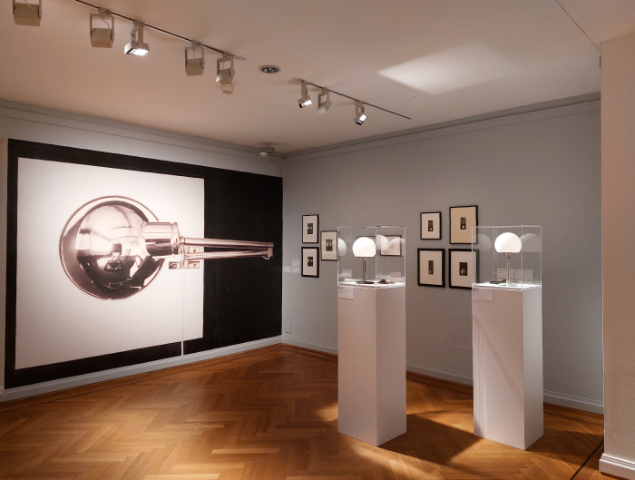 Lamps by Wilhelm Wagenfeld, and photos of Lamps by Wilhelm Wagenfeld by Lucia Moholy, as seen at Lucia Moholy – The Image of Modernity, Bröhan Museum, Berlin