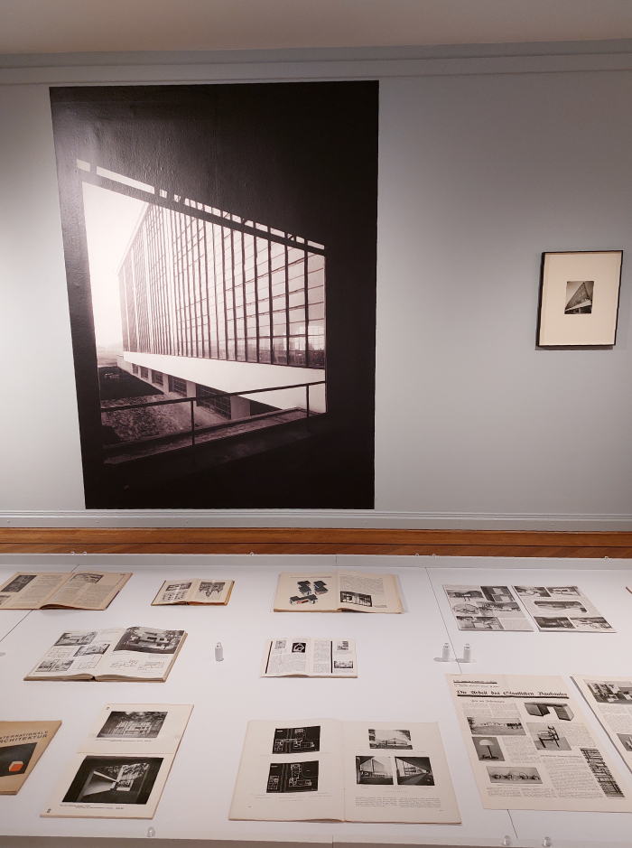 Publications featuring Lucia Moholy's photos of the Bauhaus Dessau school building, as seen at Lucia Moholy – The Image of Modernity, Bröhan Museum, Berlin