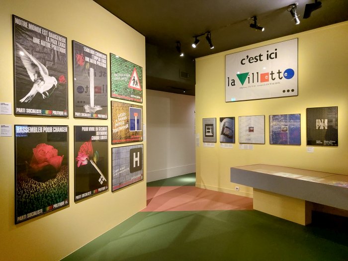 Posters by Claude Baillargeon for Parti socialiste and a corporate identity for La Villette by Grapus, as seen at Années 80. Mode, design et graphisme en France, Musée des Arts décoratifs, Paris