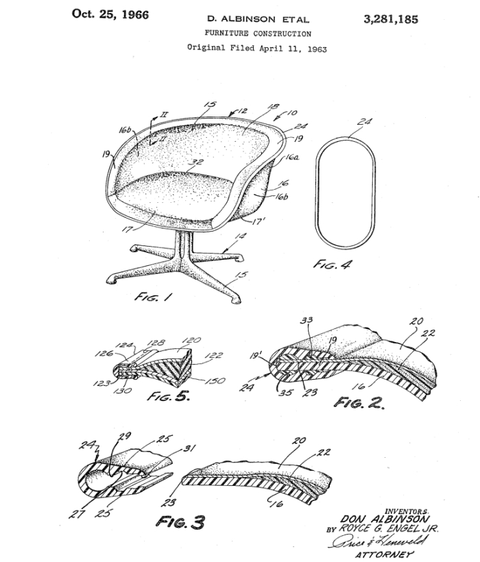 Patent 3,281,185, awarded to Don Albinson and Royce G. Engel Jr for the upholstery of the La Fonda chairs