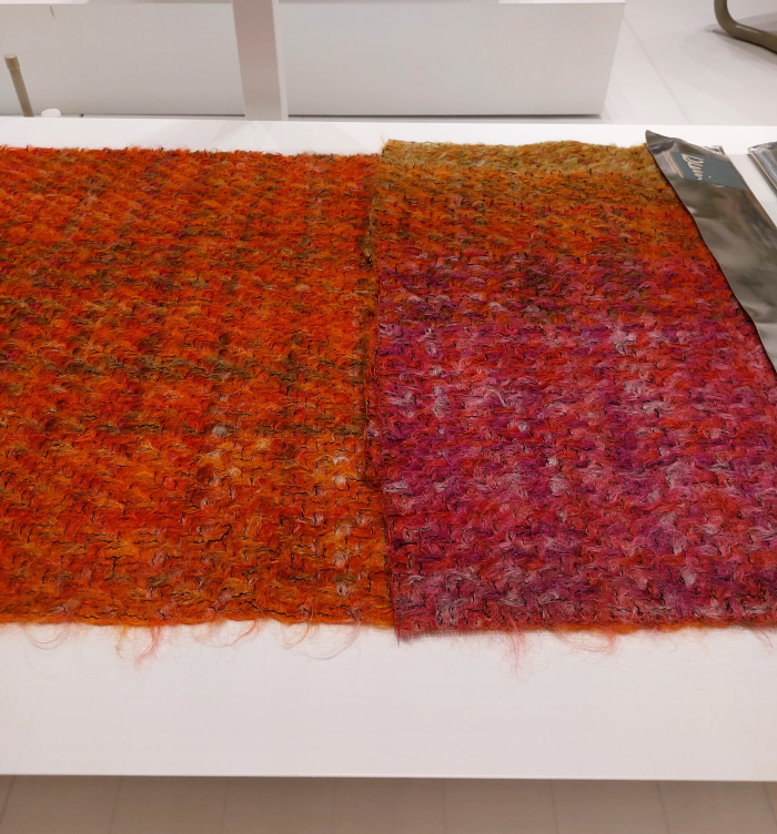 Examples of Bernat Klein's space dyed mohair tweeds, as seen at Bernat Klein. Design in Colour, National Museum of Scotland, Edinburgh