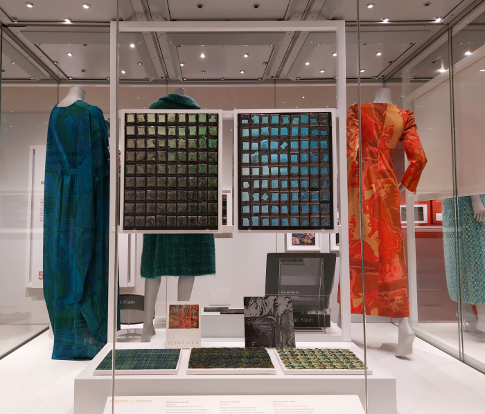 Ready-to-wear clothing in screen-printed polyesters and boards from Klein's Colour Box, as seen at Bernat Klein. Design in Colour, National Museum of Scotland, Edinburgh