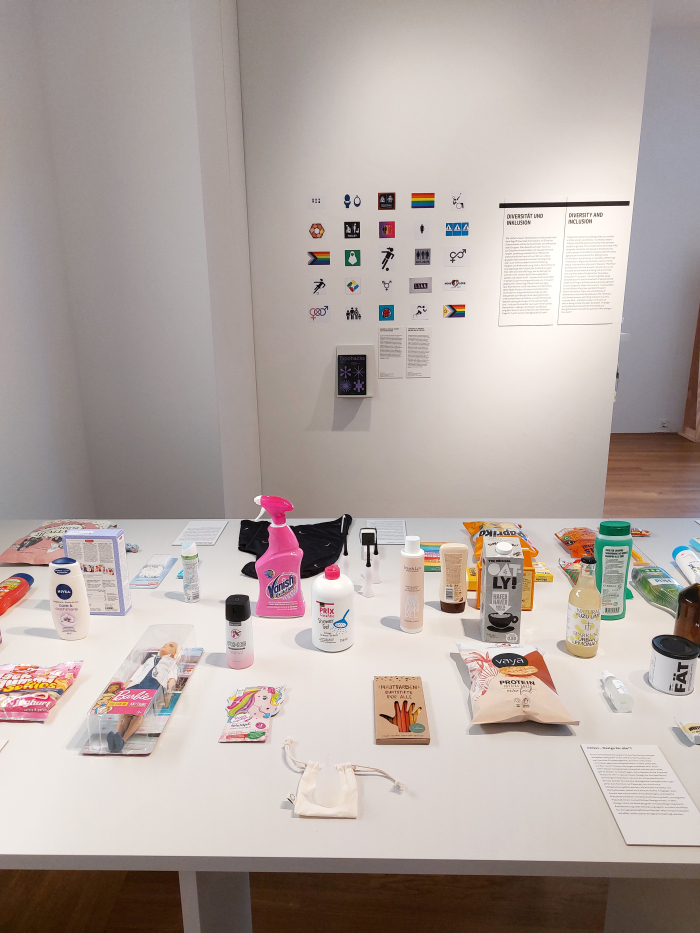 Part of the installation Gender Salon by Larissa Holaschke, and some examples of contemporary Pictograms, as seen at The Bigger Picture: Design – Women – Society, Gewerbemuseum, Winterthur
