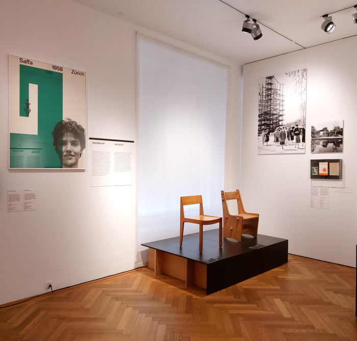 A discussion on the 1958 Schweizerische Ausstellung für Frauenarbeit, SAFFA exhibition, including chairs by Martha Huber-Villiger (l) & Berta Rahm (r), as seen at The Bigger Picture: Design – Women – Society, Gewerbemuseum, Winterthur