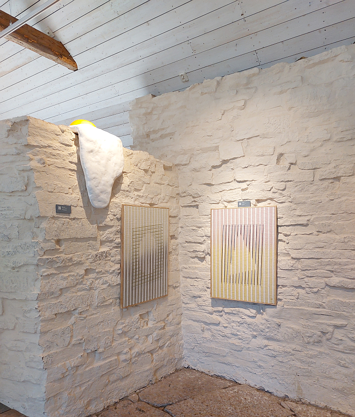 Afterglow by Seoyoung Shin (textiles) and Sunny side by Agnes Marin, yes a ceramic fried egg, as seen at the Capellagården Summer Exhibition 2023