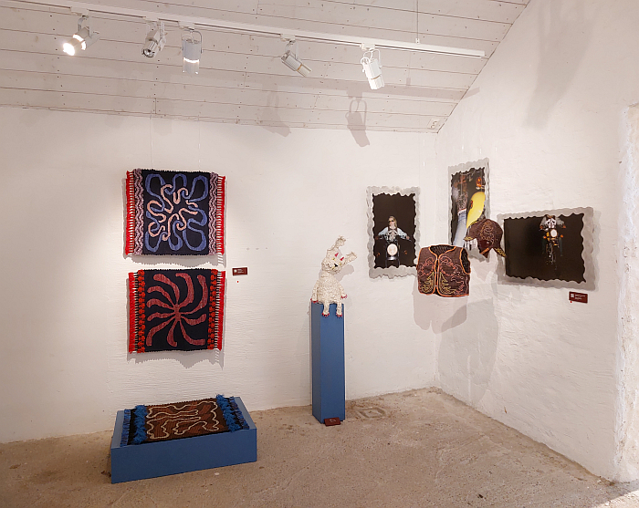 Tankekartor by Stina Norberg (l), Being by Cille Halkjær (m) & Dalkulla by day, Biker by night by Fanny Stengårds (r), as seen at the Capellagården Summer Exhibition 2023