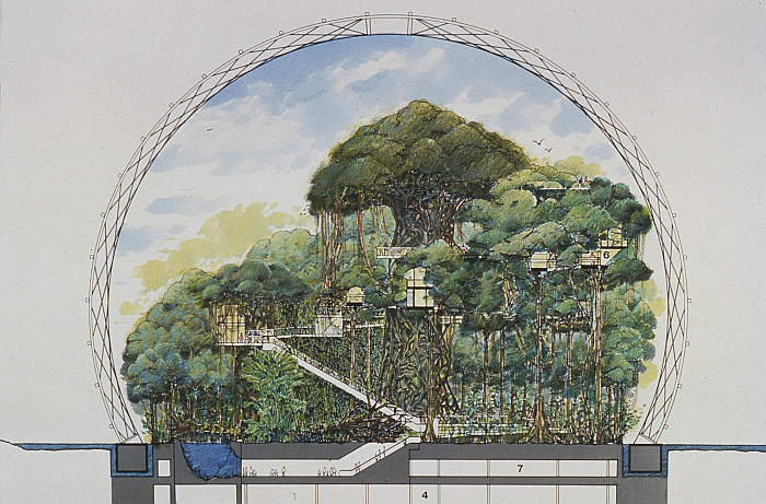Tsuruhama Rain Forest Pavilion, Osaka, Japan, by Cambridge Seven Associates, part of Emerging Ecologies. Architecture and the Rise of Environmentalism, Museum of Modern Art, MoMA, New York (Image Collection Cambridge Seven Associates, courtesy Museum of Modern Art, New York)