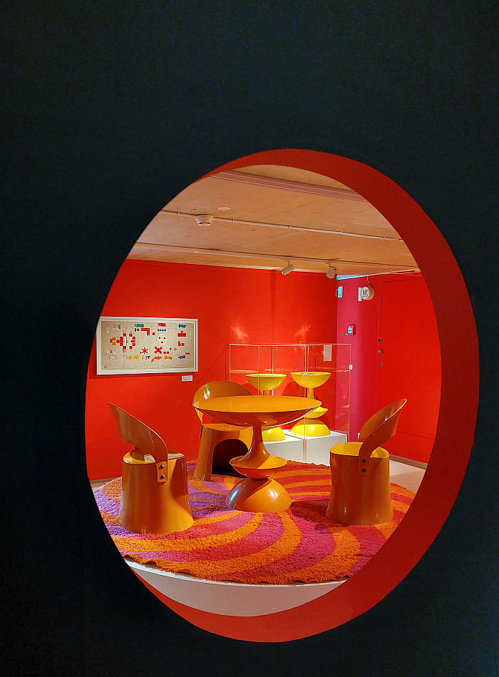 1969 synthetic plastic chairs and table,a nd the 1965 carpet Windmill by Nanna Ditzel, as seen at Nanna Ditzel. Taking Design to New Heights, Trapholt, Kolding