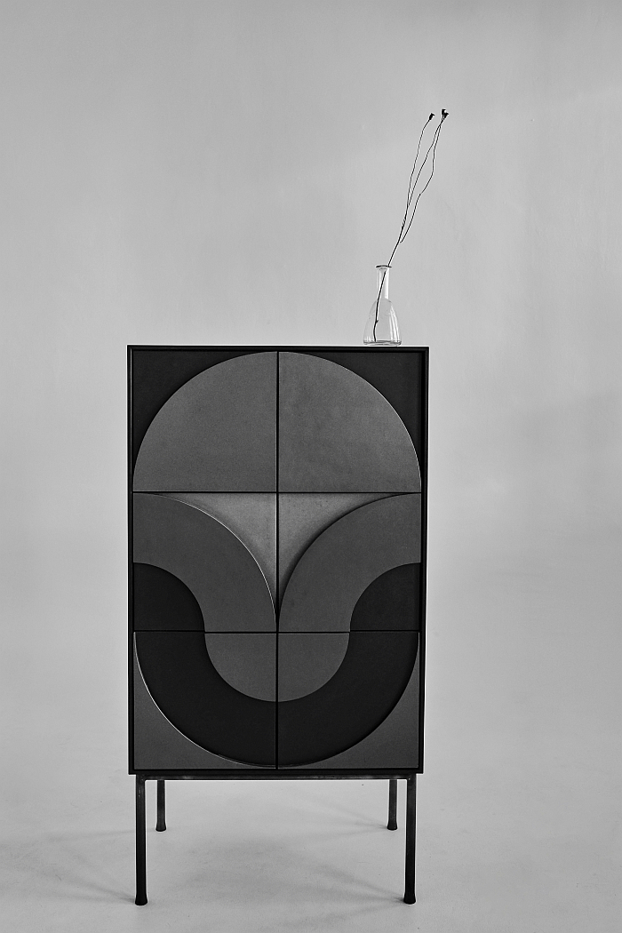 Vanishing Cabinet from the Burnt Geometry collection by Annabella Hevesi / Line and Round through Self and Scope....... constructed from MDf with a linoleum surface the patterns of the Vanishing Cabinets are inspired by 20th century inteprestations of folkloric motifs and are functional as well as decorative....... (Photo Anett Pósalaki)