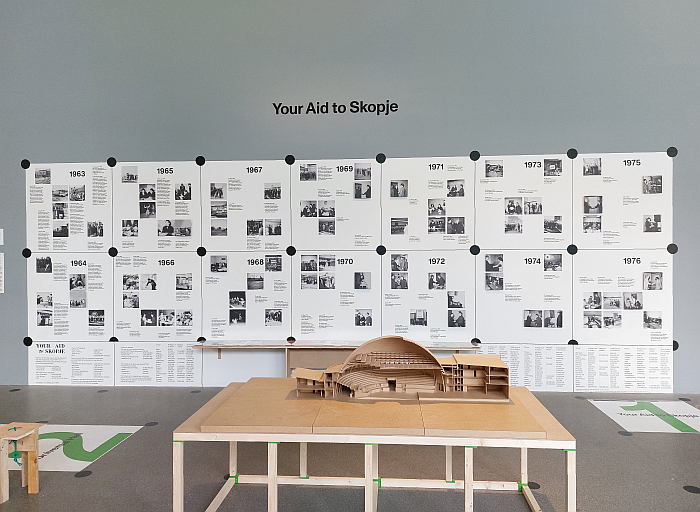 Timeline of aid for Skopje, North Macedonia, as seen in The Gift. Stories of Generosity and Violence in Architecture, Architekturmuseum der TU München 