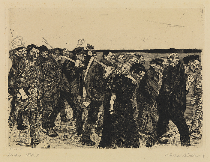 A scene from Ein Weberaufstand by Käthe Kollwitz, 1893-97, in all probability part of Entanglements: On the role of textiles in art and society. Artistic positions from the ifa art collection, Kunstbahnhof, Flöha (image courtesy Statens Museum for Kunst via https://commons.wikimedia.org public domain)