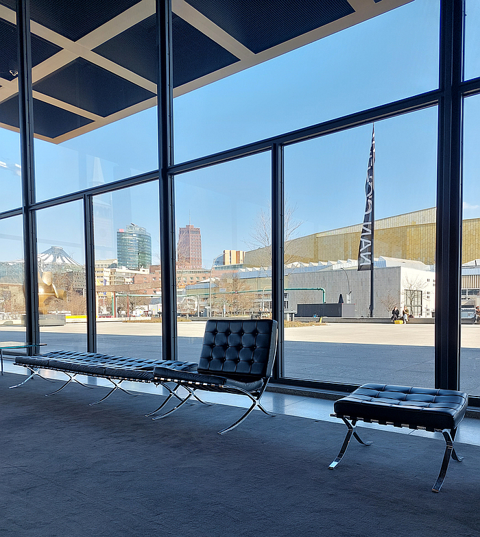 The Schinkel inspired 1929 Barcelona Chair by Ludwig Mies van der Rohe and Sergius Ruegenberg in the Neue Nationalgalerie, Berlin (1968)