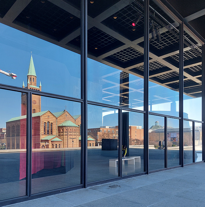 The Neue Nationalgalerie, 1968, reflects it neighbour, the St. Matthäus-Kirche, 1846, by Schinkel student and successor Friedrich August Stüler