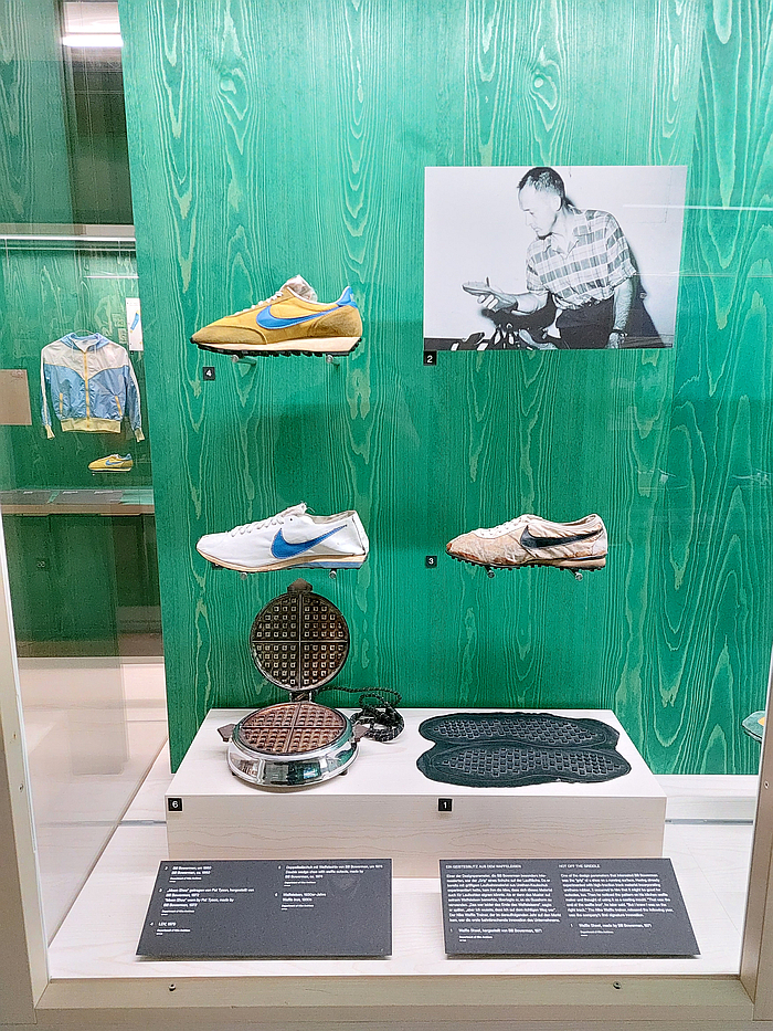 The discussion on the development of the waffle sole by Bill Bowerman, as seen at Nike: Form Follows Motion, Vitra Design Museum, Weil am Rhein
