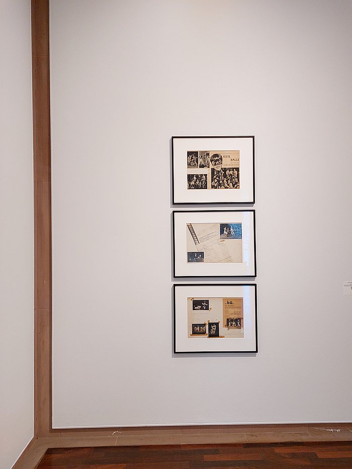 Three collages by Xanti Schawinsky from ca. 1930 including photos of the Bauhauskapelle and the appeal for funds for a saxophone, as seen at Play, Life, Illusion. Xanti Schawinsky, Kunsthalle Bielefeld