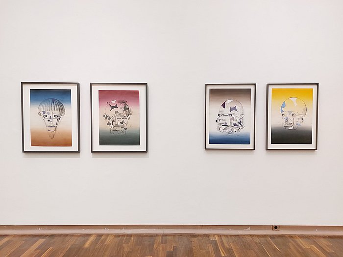 Part of Xanti Schawinsky's 1942 series Gesichter des Krieges, Faces of War, as seen at Play, Life, Illusion. Xanti Schawinsky, Kunsthalle Bielefeld