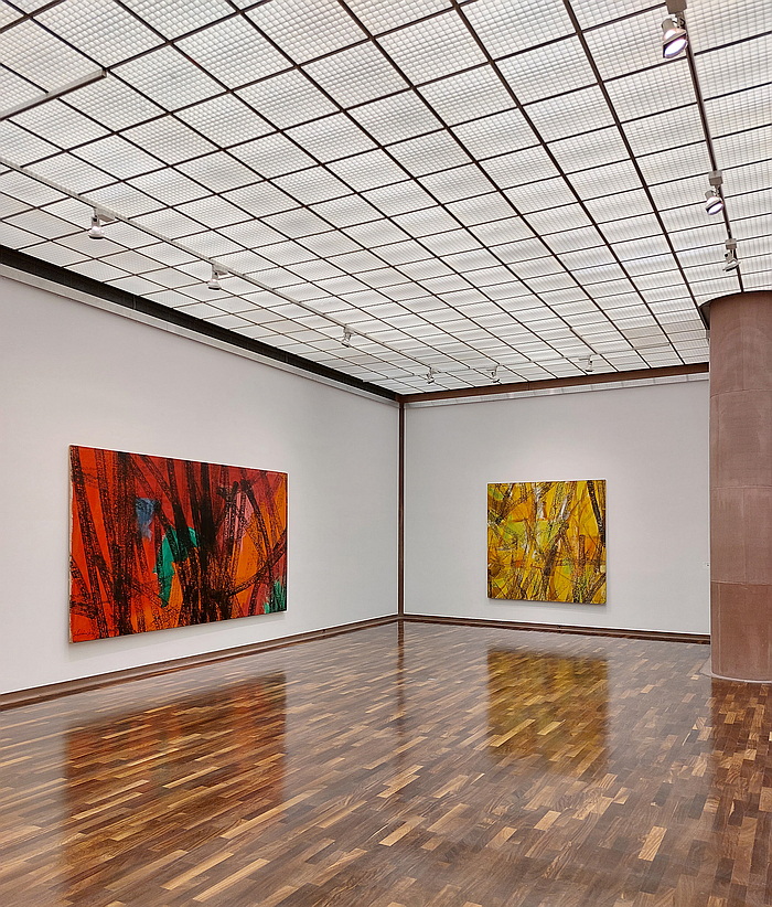 Two Track-Paintings by Xanti Schawinsky, created by driving over the canvas, 1960, as seen at Play, Life, Illusion. Xanti Schawinsky, Kunsthalle Bielefeld