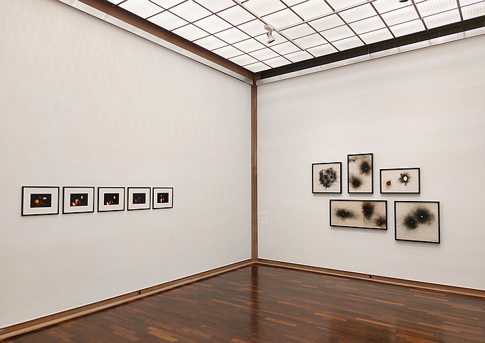 Colour photos (1948/1978) by Xanti Schawinsky (l) and works from his smoke and oil on Pavatex series, as seen at Play, Life, Illusion. Xanti Schawinsky, Kunsthalle Bielefeld