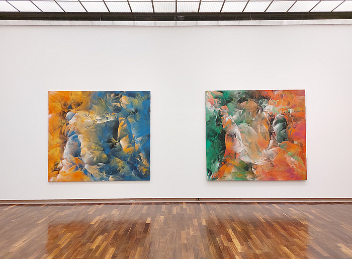 Incontro II (l) and Incontro III (r), spray paint and acrylic on canvas, 1968, by Xanti Schawinsky, as seen at Play, Life, Illusion. Xanti Schawinsky, Kunsthalle Bielefeld 