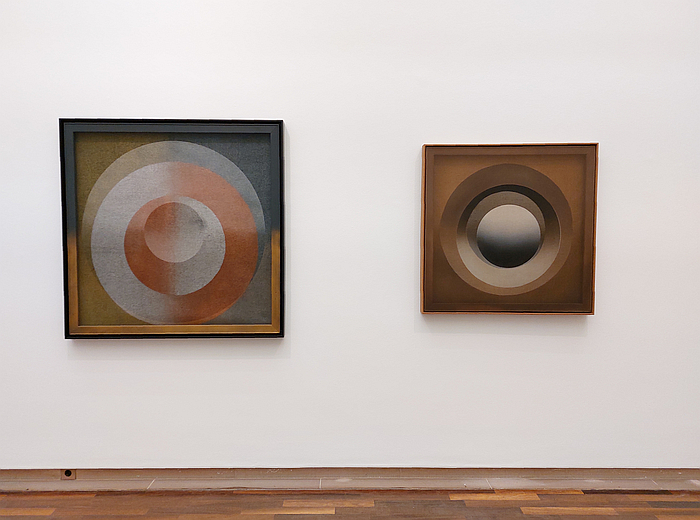 Two spray paint on gauze and canvas works by Xanti Schawinsky from 1972, as seen at Play, Life, Illusion. Xanti Schawinsky, Kunsthalle Bielefeld