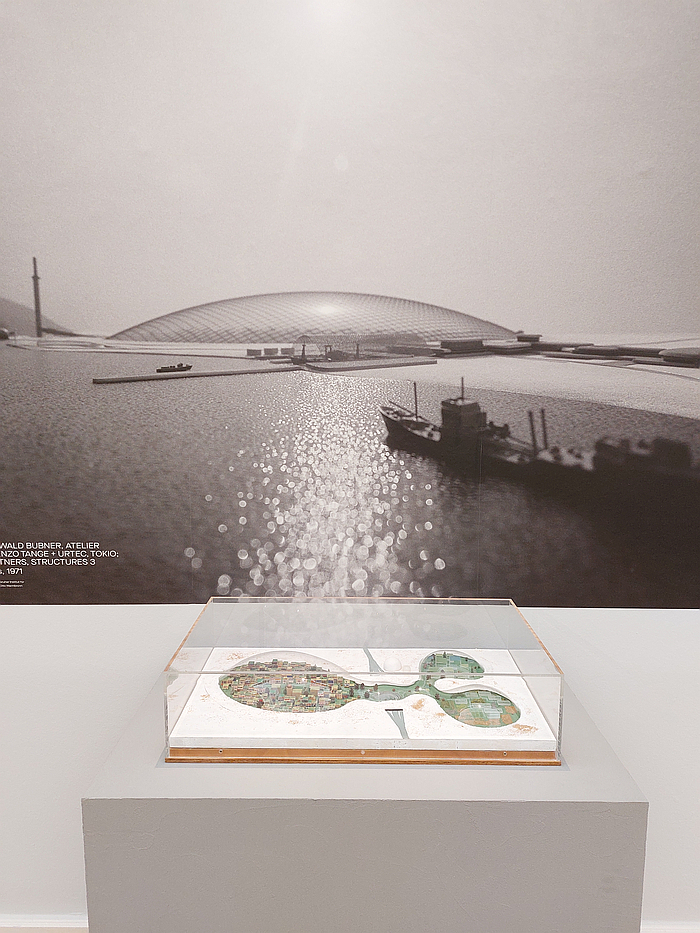 A photo of the Frei Otto, and others 1971 Arctic City project and a model of Frei Otto & Arni Fullerton's related 58° North project, as seen at Beyond Geometry. Frei Otto x Kengo Kuma, Kunstsammlungen Chemnitz
