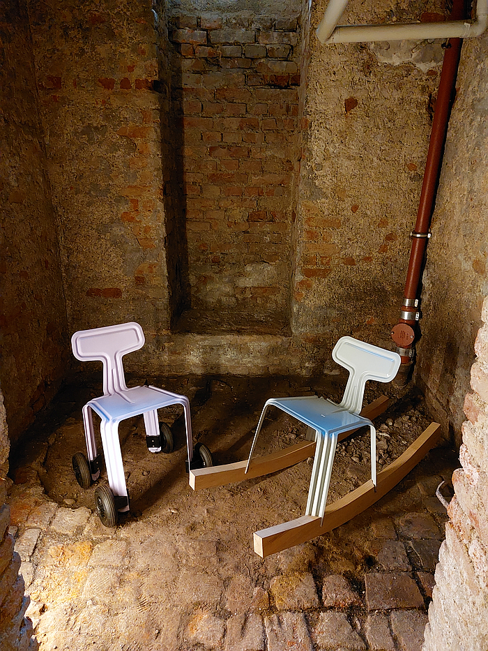 Two rethinkings of the Pressed Chair by Harry Thaler, as seen at Gaga Dada 2: Objekte zwischen Kunst und Design, Galerie Zippenfenig at Nils Holger Moormann Salone München