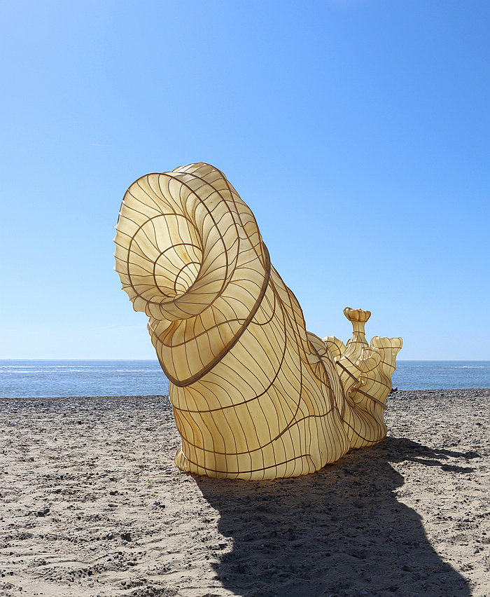 Kombu Nudibranch by Julia Lohmann, 2022, part of More than Human" at the Design Museum, London, here as hotographed at First Light Festival on Lowestoft beach, (Photo: Julia Lohmann Studio, Courtesy of Julia Lohmann Studio and the Design Museum, London)
