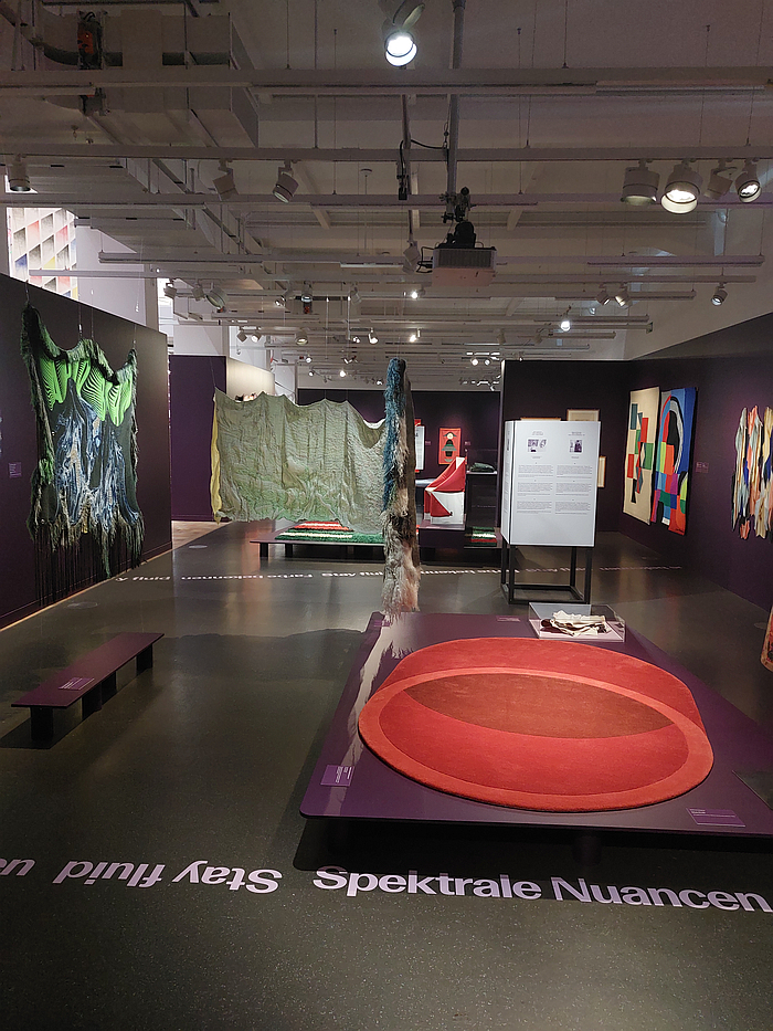 The carpet Rolle by Adrien Rovero (bottom right),, as seen at Textile Manifestos - From Bauhaus to Soft Sculpture, Museum für Gestaltung, Zürich amongst other works