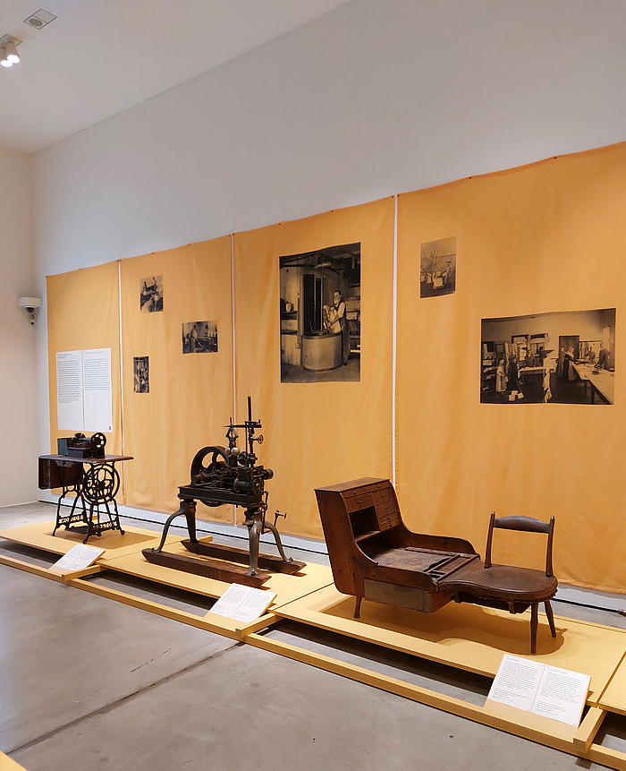 Self-built machines and a shoemaker's bench (r), as seen at The Shakers: A World in the Making, Vitra Design Museum, Weil am Rhein 