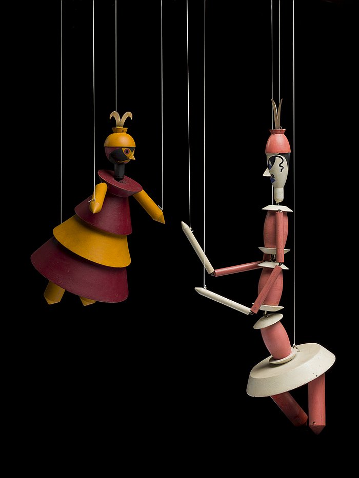 Marionettes by Sophie Taeuber-Arp for the play King Stag, part of Museum of the Future - 17 Digital Experiments, Museum für Gestaltung, Zürich (Photo Umberto Romito, Ivan Šuta, ZHdK, 2025 © and courtesy Museum für Gestaltung, Zürich)