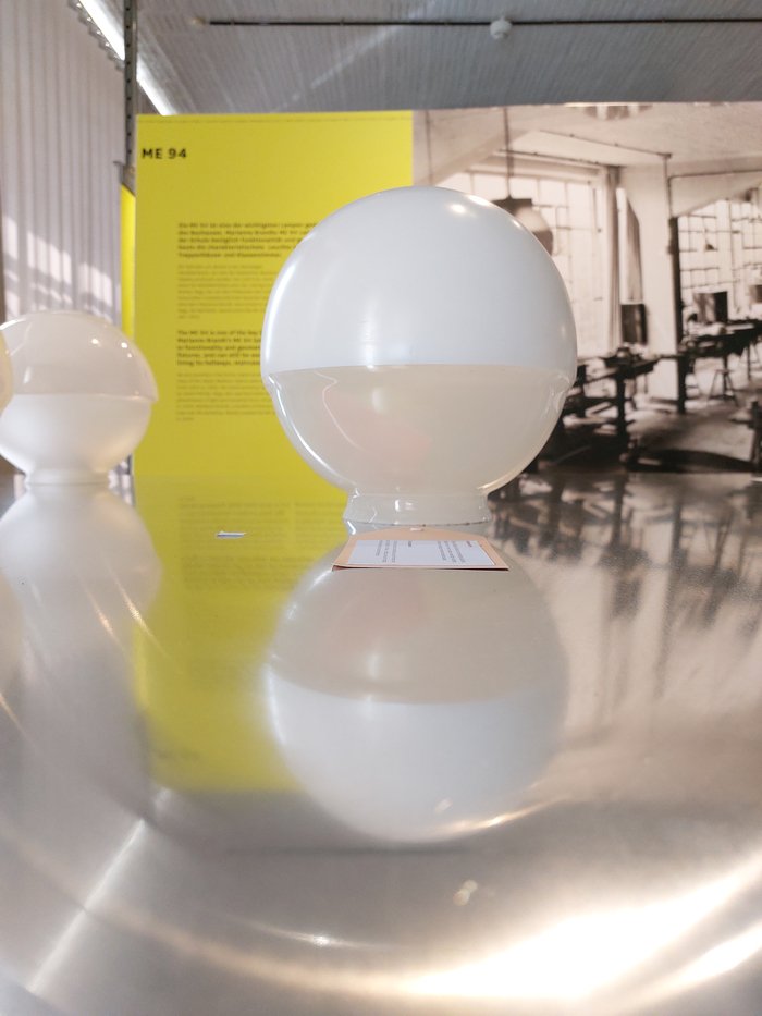 The opal and matt glass shade of the ME 94 by Marianne Brandt, as seen at Bauhaus Lab 2025: After modern brightness. Ecologies of light, Stiftung Bauhaus Dessau