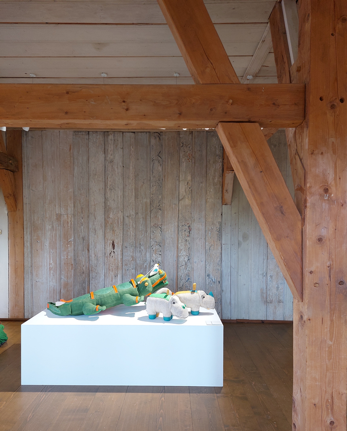 A crocodile and rhinos by Renate Müller, as seen at Renate Müller Spielzeug + Design Sonneberg, Wasserschloß Klaffenbach, Chemnitz
