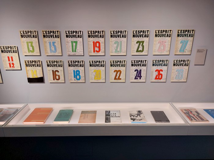 Covers of L'Esprit Nouveau and translations of Vers une architecture, as seen at Vers une architecture: Reflections, Pavillon Le Corbusier, Zürich