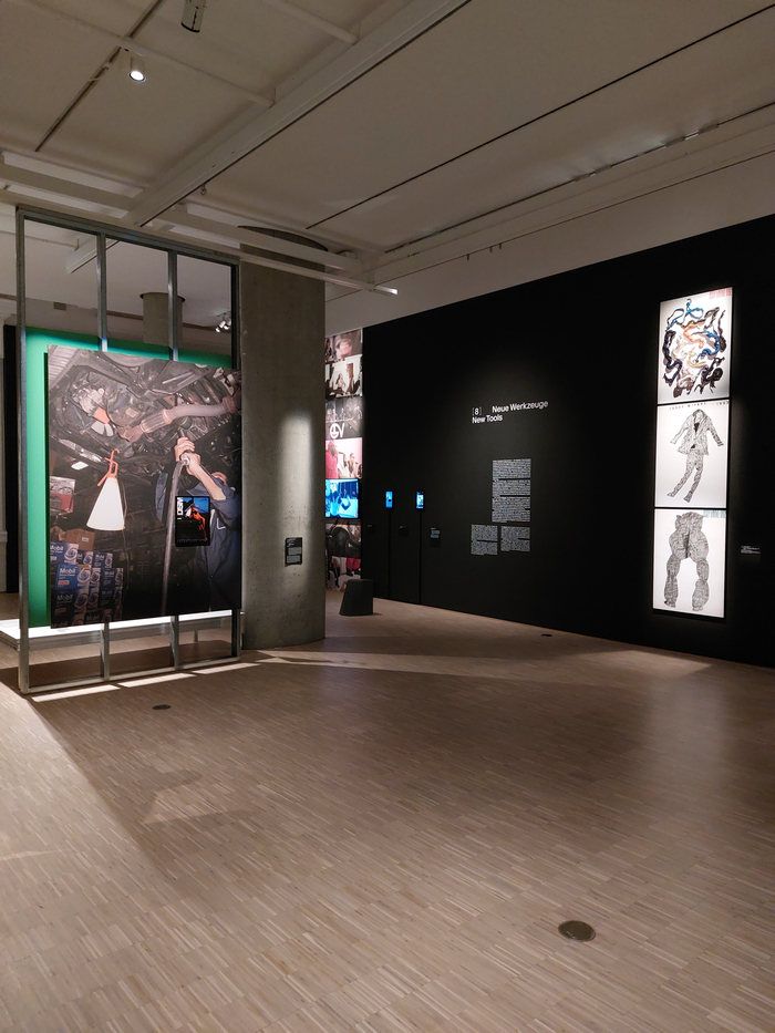 Two stagings of the Mayday lamp by Konstantin Grcic (l) and photos of works by Issey Miyake taken by Irving Penn (r), as seen at Hello Image. The Staging of Things, Museum für Kunst und Gewerbe, Hamburg