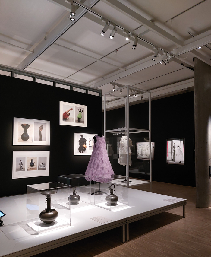 Ceramics by Magdalene Odundo and a dress by JW Anderson, as seen at Hello Image. The Staging of Things, Museum für Kunst und Gewerbe, Hamburg