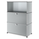 USM Haller Highboard M, Customisable, Light grey RAL 7035, Open, With drop-down door, With drop-down door