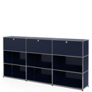 USM Haller Highboard XL, Customisable, Steel blue RAL 5011, With 3 drop-down doors, Open, Open