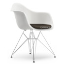 Eames Plastic Armchair DAR, White, With seat upholstery, Warm grey / moor brown, Standard version - 43 cm, Chrome-plated