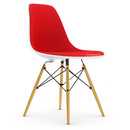 Eames Plastic Side Chair DSW, White, With full upholstery, Red / poppy red, Lower version - classic (41 cm), Yellowish maple