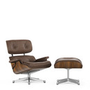 Lounge Chair & Ottoman - Beauty Versions, Walnut with black pigmentation, Leather Premium chestnut, 84 cm - Original height 1956, Aluminium polished