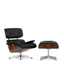 Lounge Chair & Ottoman, Santos Palisander, Leather Premium F nero, 84 cm - Original height 1956, Aluminium polished