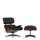 Lounge Chair & Ottoman, Santos Palisander, Leather Premiun nero, 84 cm - Original height 1956, Aluminium polished, sides black