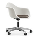 Eames Plastic Armchair PACC, White, With seat upholstery, Warm grey / moor brown